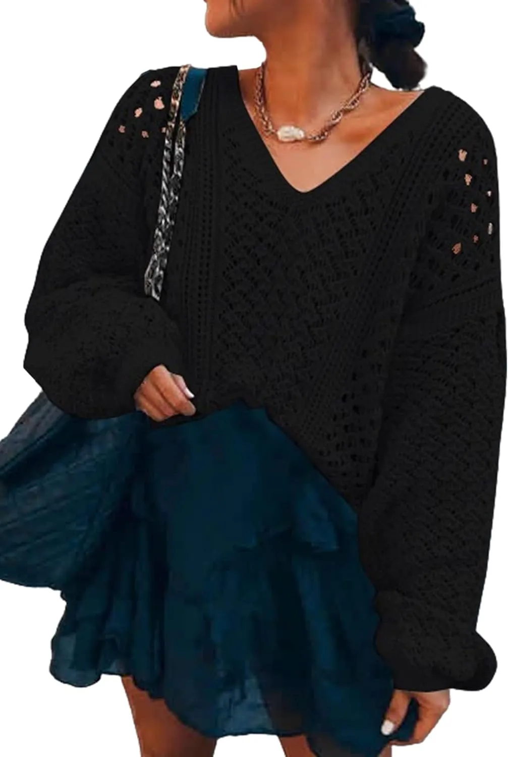 CCTOO Women's Sweaters Casual Oversized V Neck Off Shoulder Sexy Crochet Sweater Batwing Sleeve Pullover Loose Tops