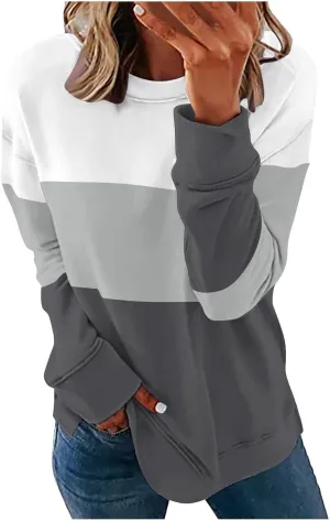 Ceboyel Women Crewneck Sweatshirts 2023 Color Block Pullover Long Sleeve Shirts Loose Fit Fall Fashion Clothing
