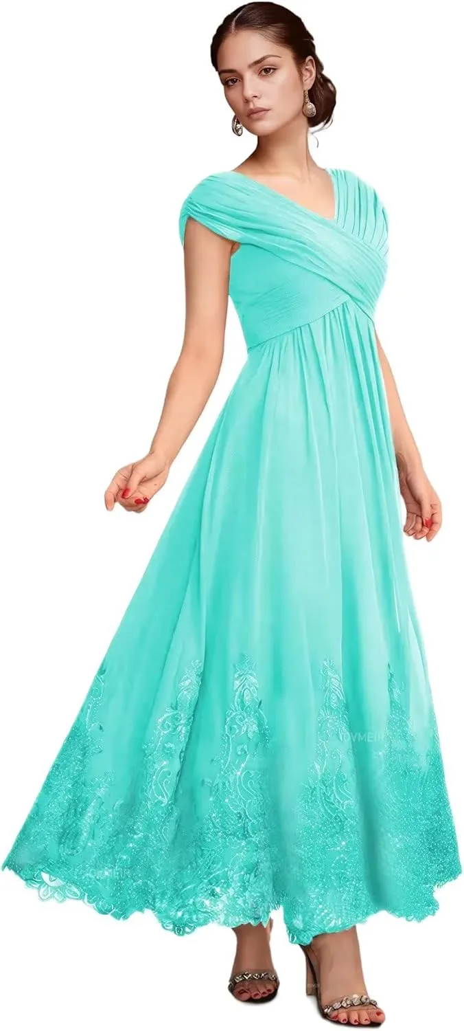 Chiffon Mother of The Bride Dresses for Wedding Long Pleated Formal Wedding Guest Dress with Sleeves