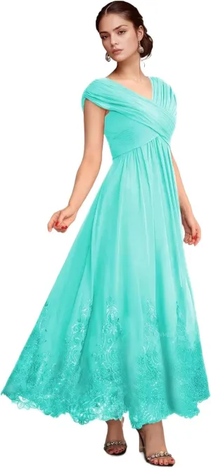 Chiffon Mother of The Bride Dresses for Wedding Long Pleated Formal Wedding Guest Dress with Sleeves