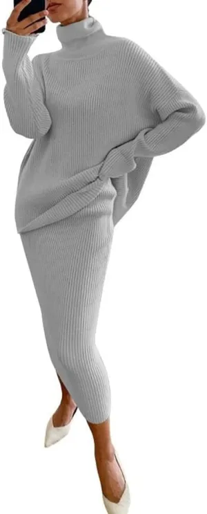 chouyatou Women's Chunky 2 Piece Outfits Turtleneck Knit Sweater and Maxi Bodycon Skirt Sets