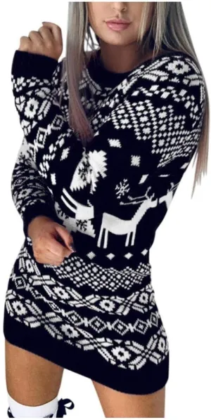 Christmas Knitted Dress for Women Elegant Winter Round Neck Long Sleeve Sweater Dress Knitwear Pullover Dress