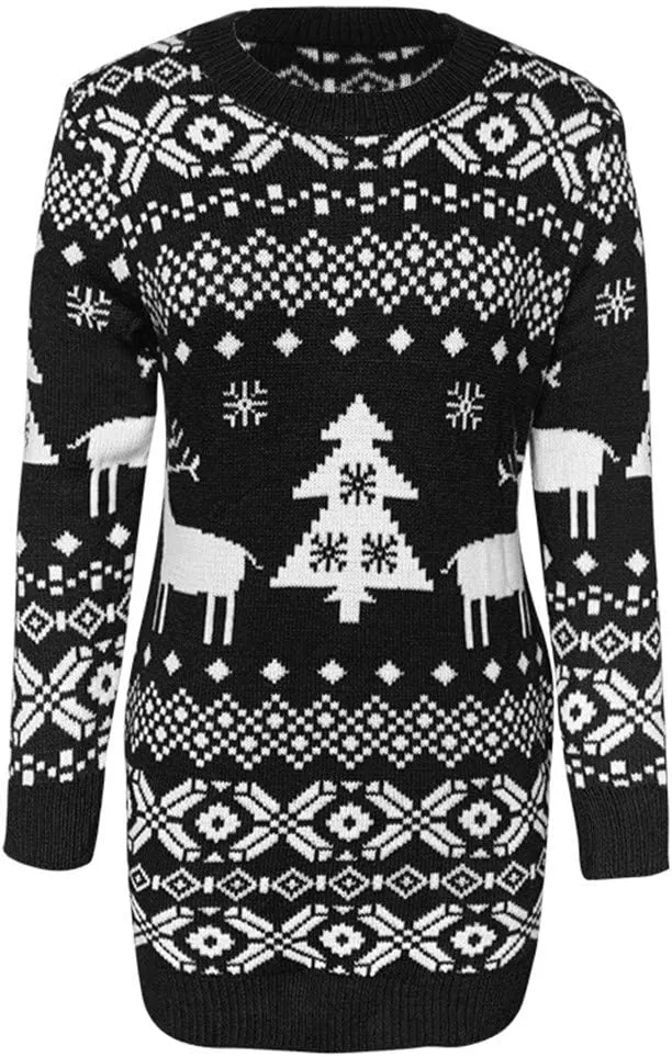 Christmas Knitted Dress for Women Elegant Winter Round Neck Long Sleeve Sweater Dress Knitwear Pullover Dress
