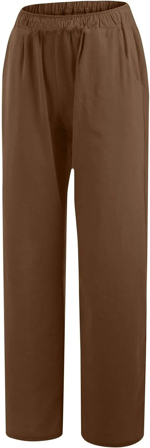 Cotton Linen Pants for Women Casual Summer Elastic High Waist Pants Straight Wide Leg Pants Baggy Loose Fit Trousers