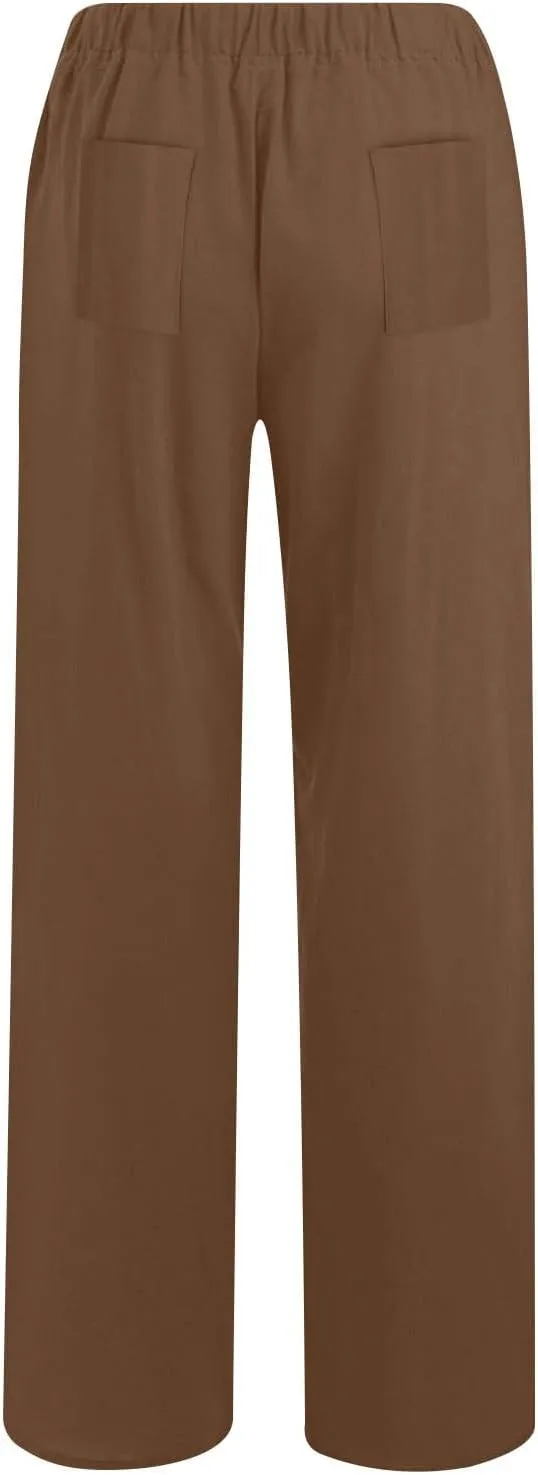 Cotton Linen Pants for Women Casual Summer Elastic High Waist Pants Straight Wide Leg Pants Baggy Loose Fit Trousers