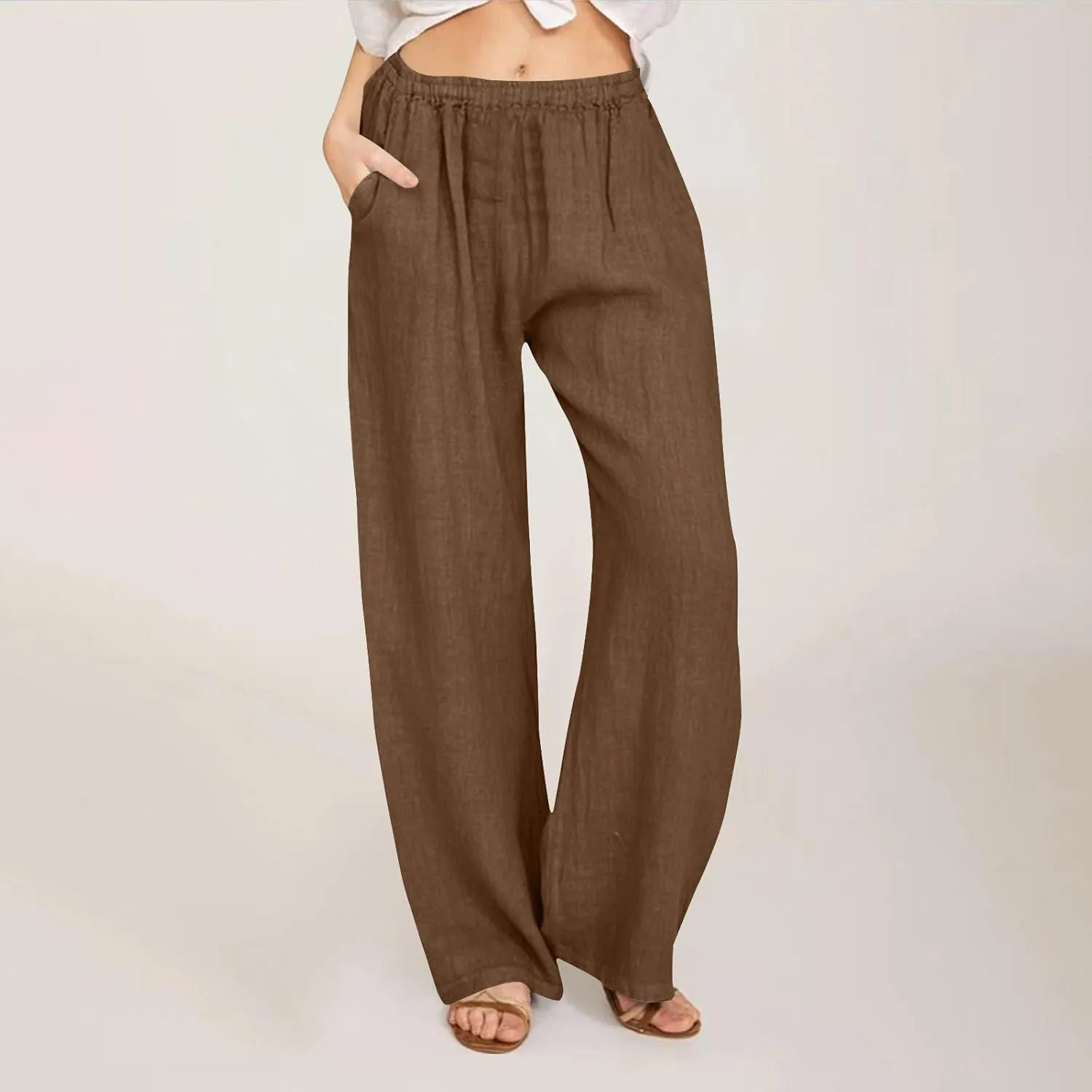 Cotton Linen Pants for Women Casual Summer Elastic High Waist Pants Straight Wide Leg Pants Baggy Loose Fit Trousers