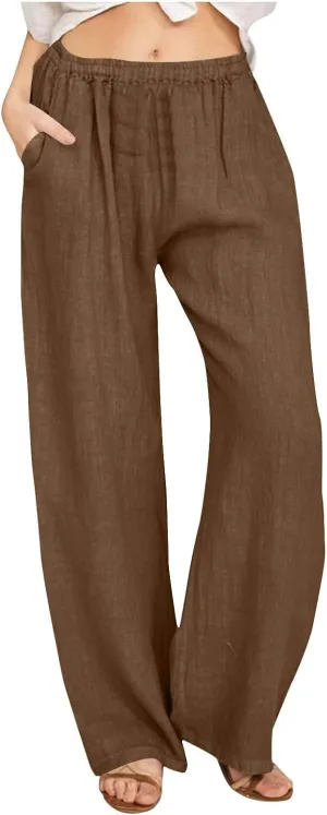 Cotton Linen Pants for Women Casual Summer Elastic High Waist Pants Straight Wide Leg Pants Baggy Loose Fit Trousers