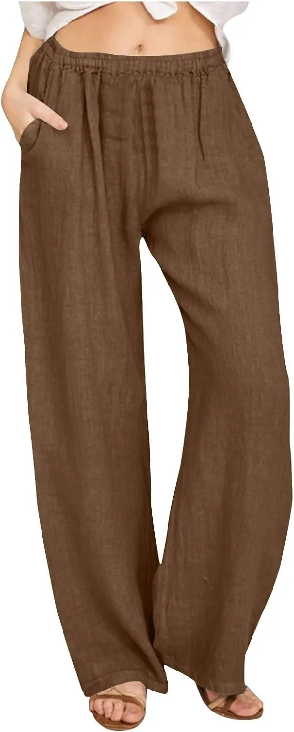 Cotton Linen Pants for Women Casual Summer Elastic High Waist Pants Straight Wide Leg Pants Baggy Loose Fit Trousers