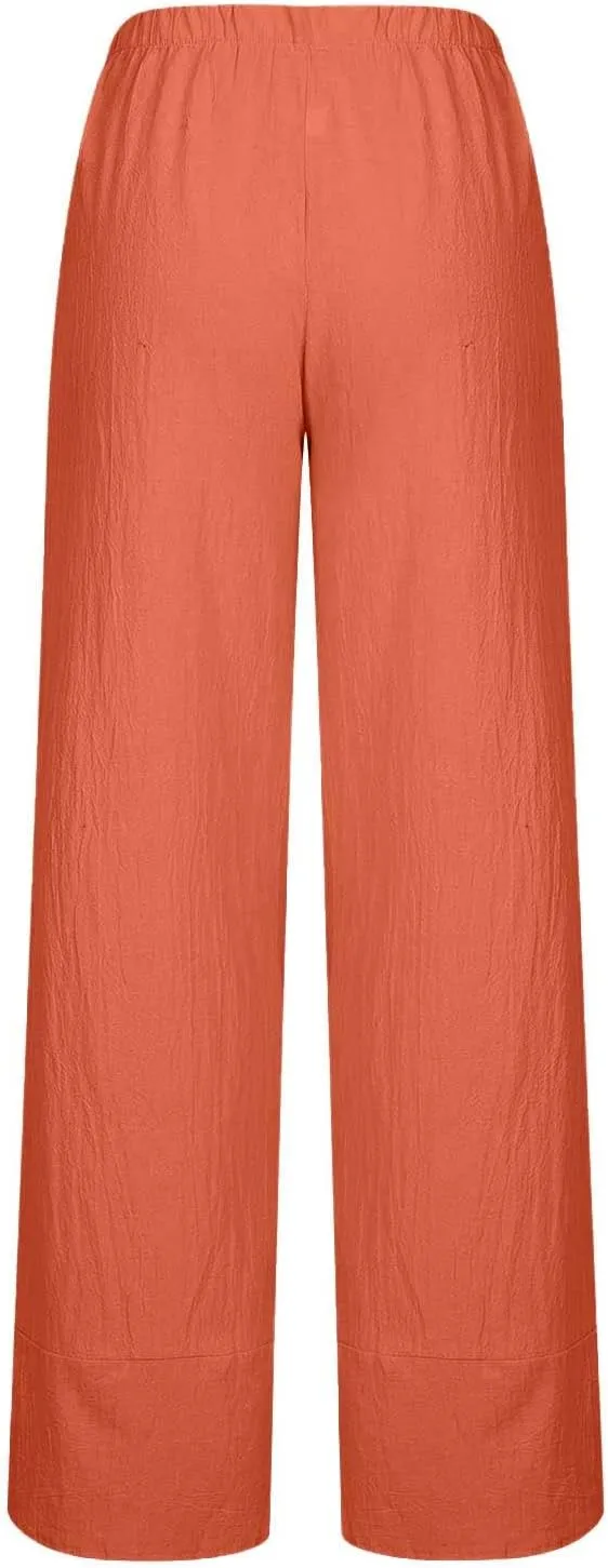 Cotton Linen Pants for Women High Waist Casual Wide Leg Pants Fashion Solid Loose Lounge Trousers with Pockets