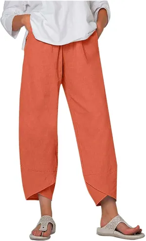 Cotton Linen Pants for Women High Waist Casual Wide Leg Pants Fashion Solid Loose Lounge Trousers with Pockets
