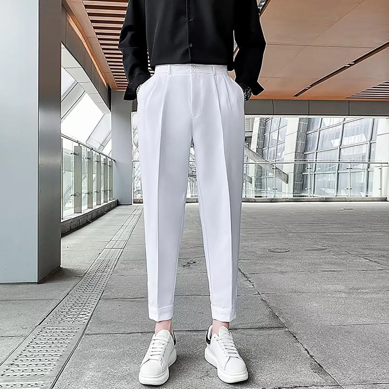 CRNTCEM Straight Anckle Pants for Men Flat-Front Casual Formal Dress Pants 2023 Spring Fall Business Work Cropped Trousers