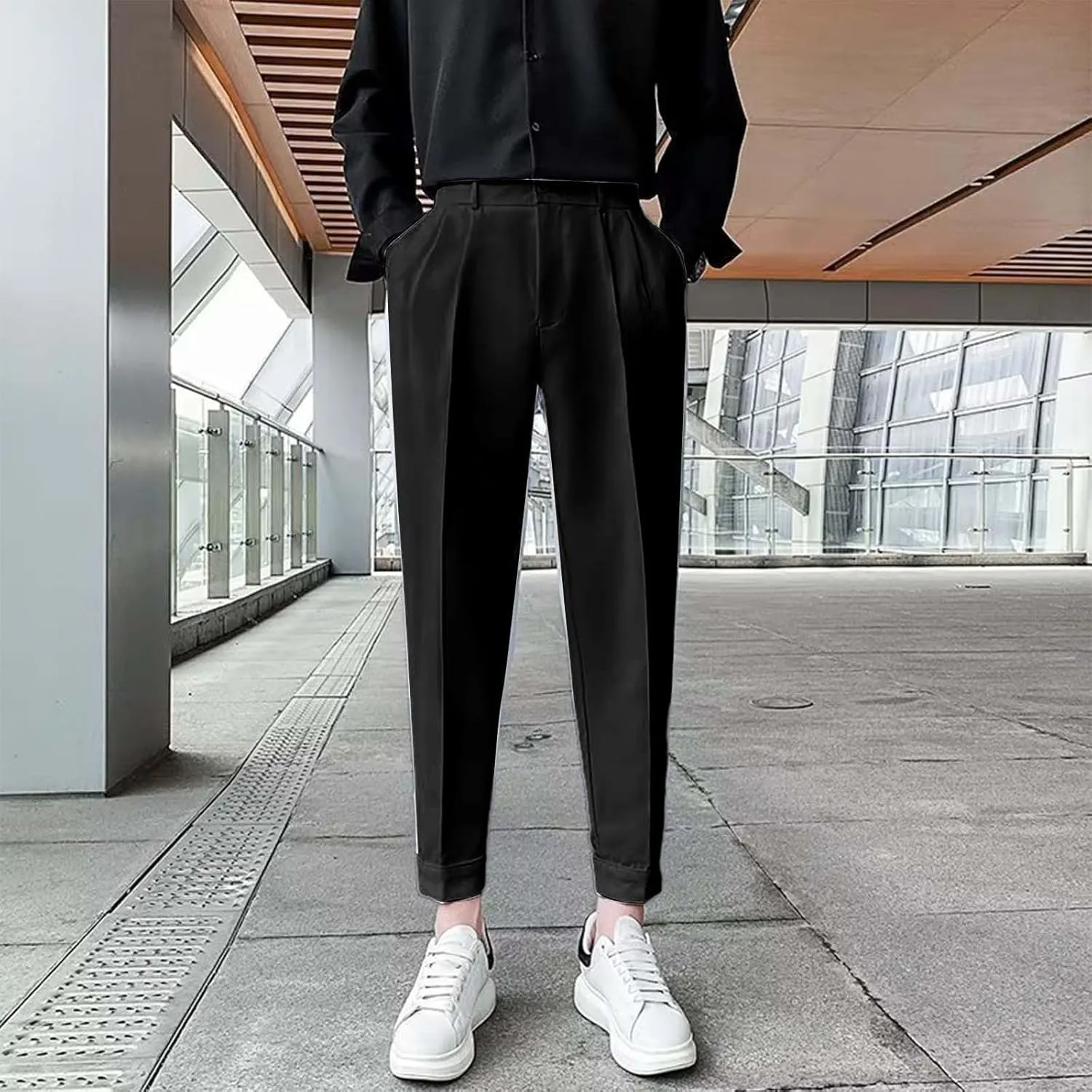 CRNTCEM Straight Anckle Pants for Men Flat-Front Casual Formal Dress Pants 2023 Spring Fall Business Work Cropped Trousers