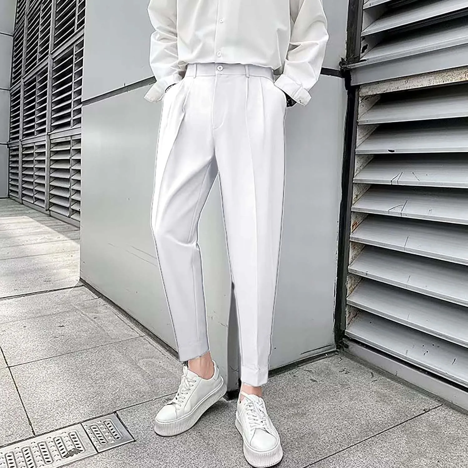 CRNTCEM Straight Anckle Pants for Men Flat-Front Casual Formal Dress Pants 2023 Spring Fall Business Work Cropped Trousers