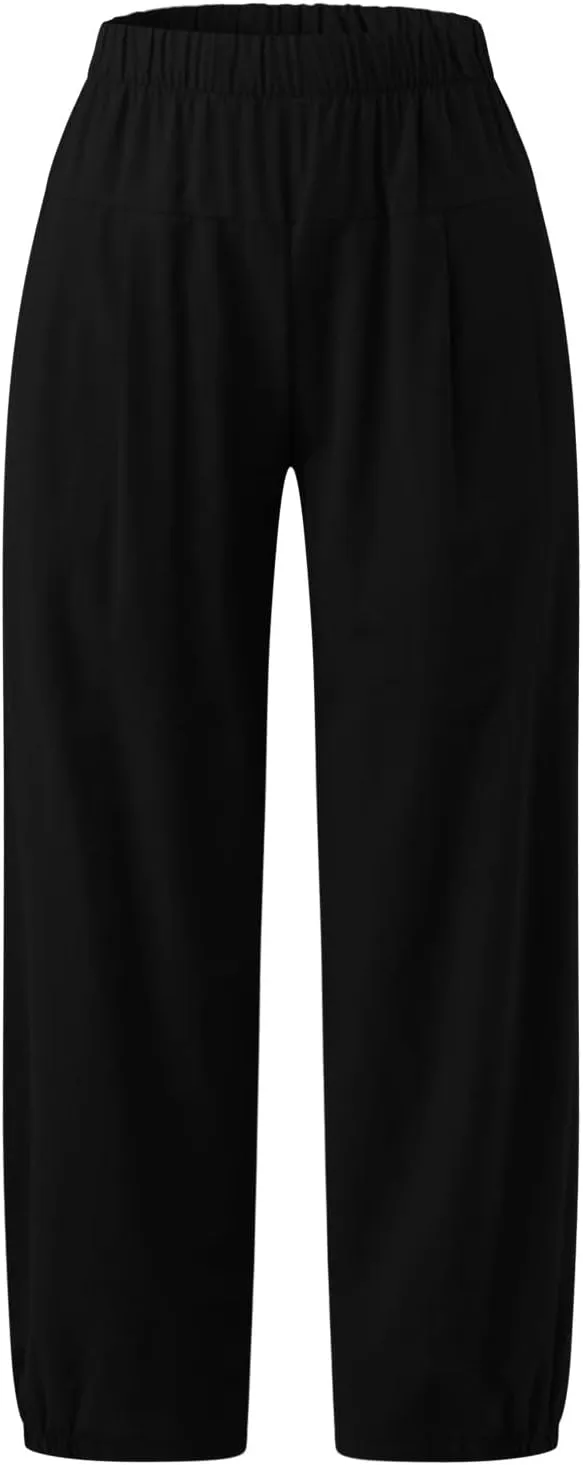 Cropped Linen Pants for Women Casual Loose Fit Elastic Waist Wide Led Summer Pants Straight Leg Lounge Trousers