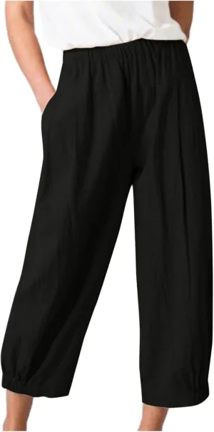 Cropped Linen Pants for Women Casual Loose Fit Elastic Waist Wide Led Summer Pants Straight Leg Lounge Trousers