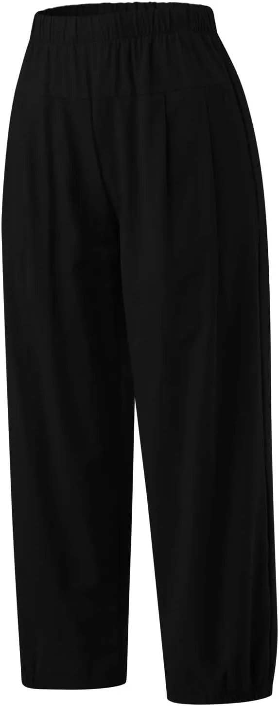 Cropped Linen Pants for Women Casual Loose Fit Elastic Waist Wide Led Summer Pants Straight Leg Lounge Trousers