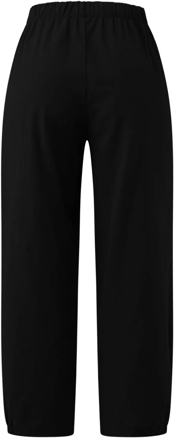 Cropped Linen Pants for Women Casual Loose Fit Elastic Waist Wide Led Summer Pants Straight Leg Lounge Trousers