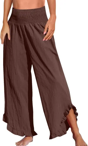 Cropped Linen Wide Leg Pants Woman Flowy High Waisted Palazzo Beach Pants Ladies Summer Trousers with Pockets
