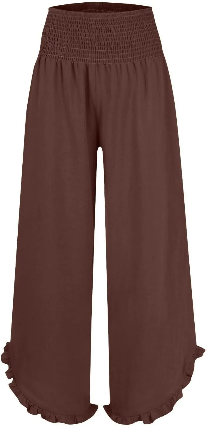 Cropped Linen Wide Leg Pants Woman Flowy High Waisted Palazzo Beach Pants Ladies Summer Trousers with Pockets