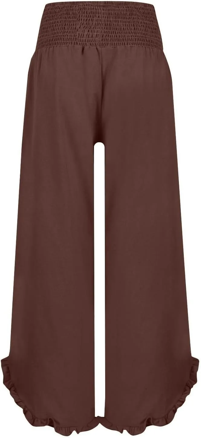 Cropped Linen Wide Leg Pants Woman Flowy High Waisted Palazzo Beach Pants Ladies Summer Trousers with Pockets