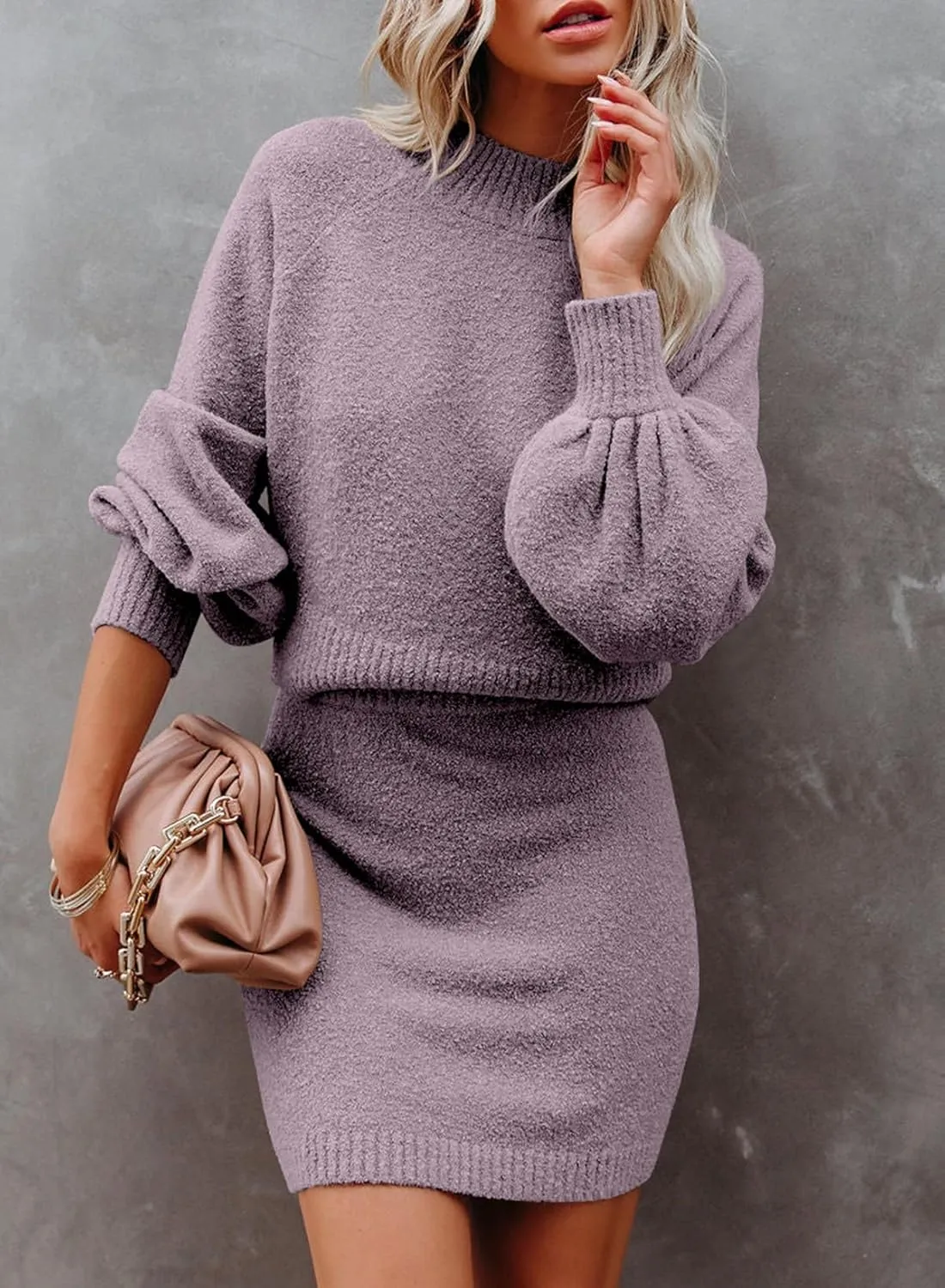 Dokotoo Women's 2 Piece Outfits Sweater Set Puff Long Sleeve Knit Cropped Top and Bodycon Skirt Dress