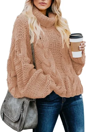 Dokotoo Womens 2024 Winter Fall Solid Turtleneck High Neck Balloon Long Sleeve Sweaters Pullover Outerwear