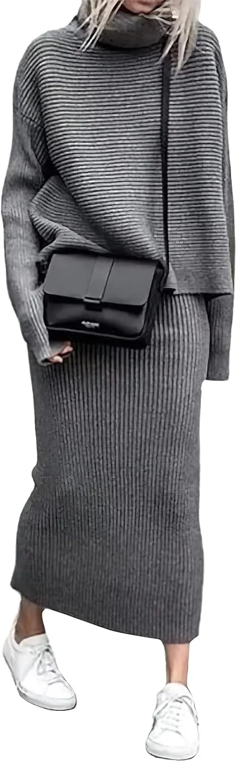 ebossy Womens Ribbed Knit Sweater Outfits Casual Loose 2 Piece Turtleneck Pullovers Elastic Waist Maxi Skirt Sets