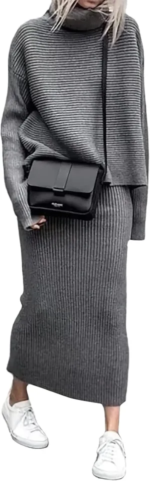 ebossy Womens Ribbed Knit Sweater Outfits Casual Loose 2 Piece Turtleneck Pullovers Elastic Waist Maxi Skirt Sets