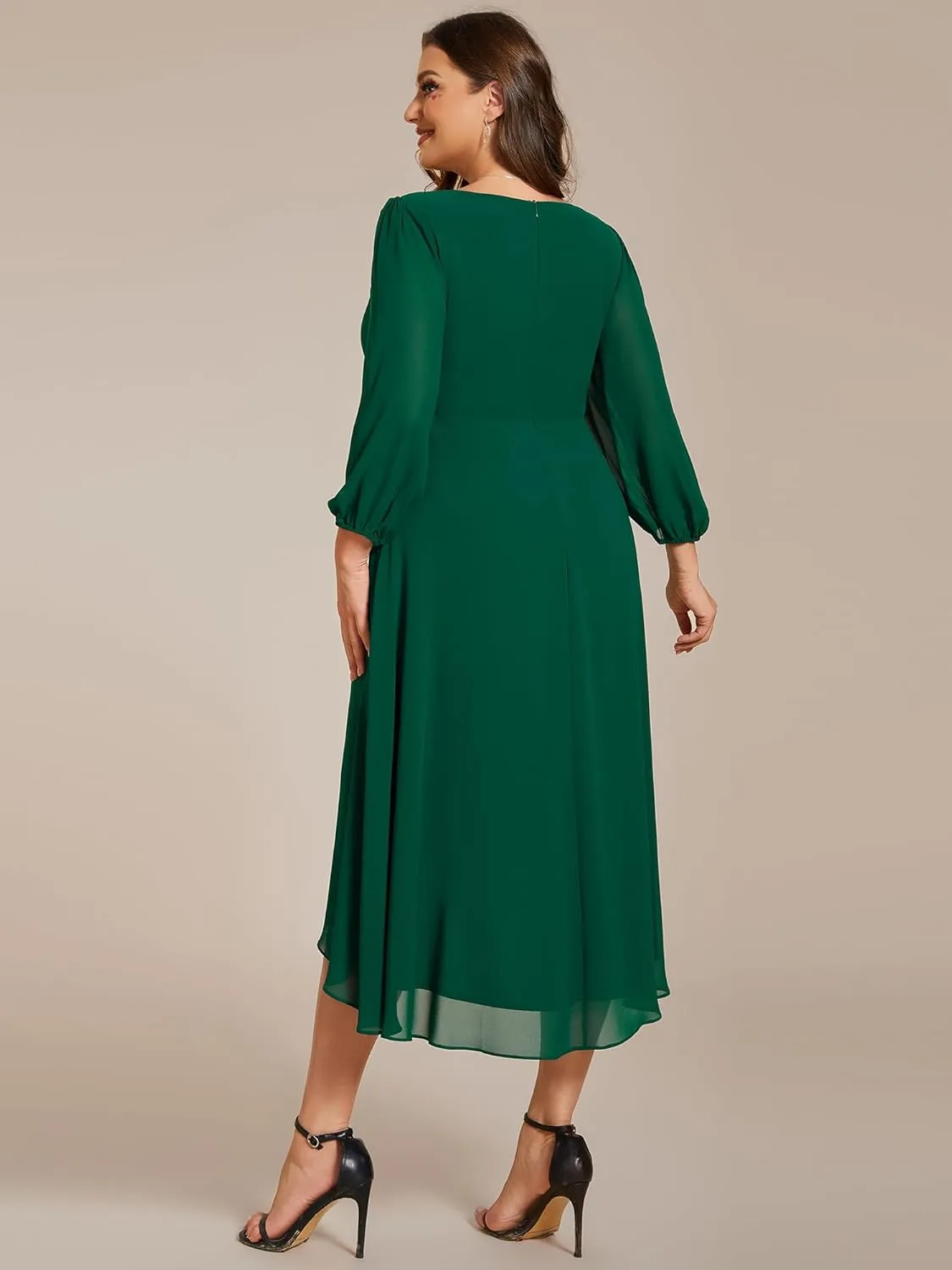 Ever-Pretty Women's A Line Pleated V Neck Chiffon 3/4 Sleeves Midi Plus Size Wedding Guest Dresses 01926-DA