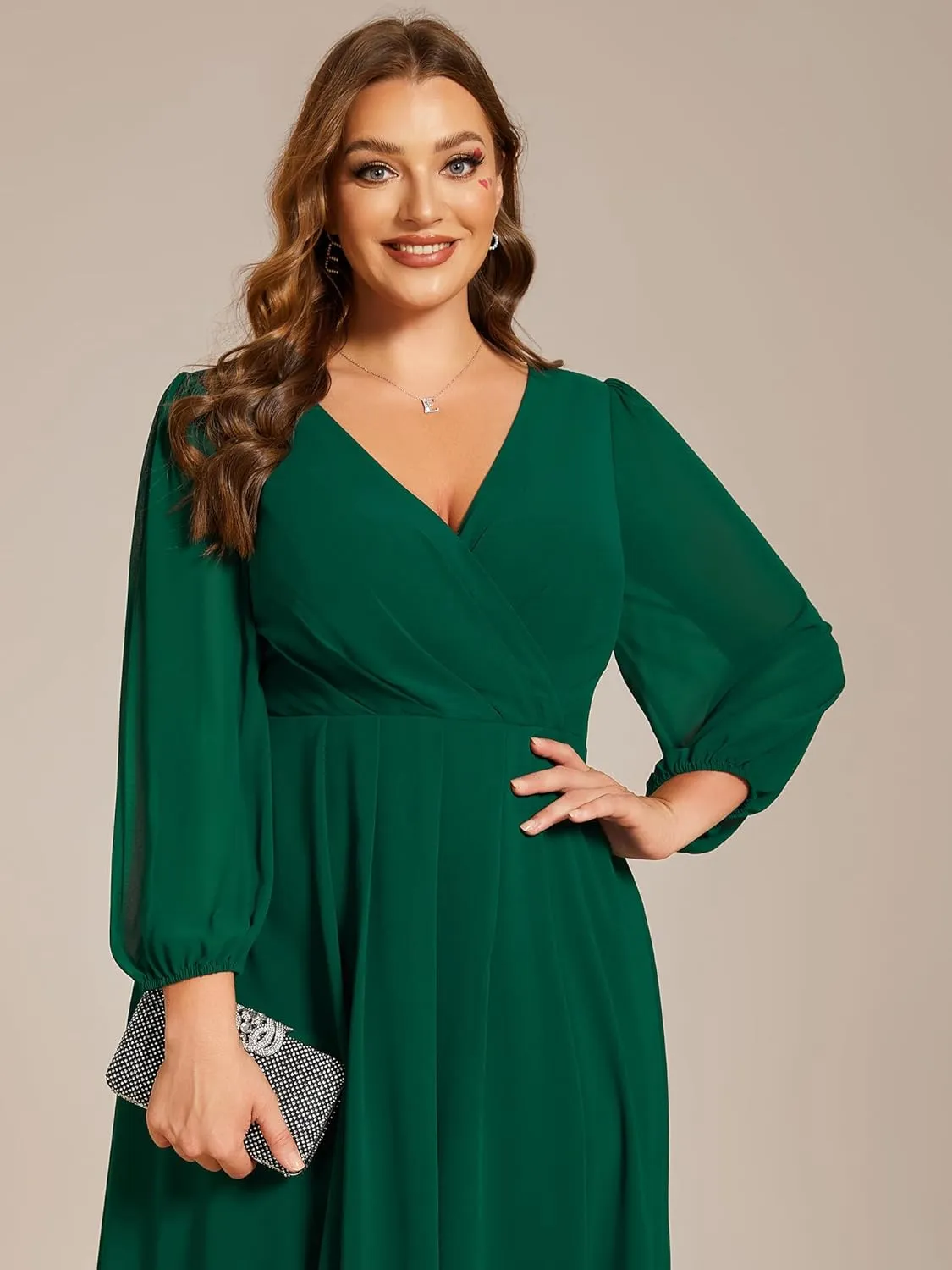 Ever-Pretty Women's A Line Pleated V Neck Chiffon 3/4 Sleeves Midi Plus Size Wedding Guest Dresses 01926-DA