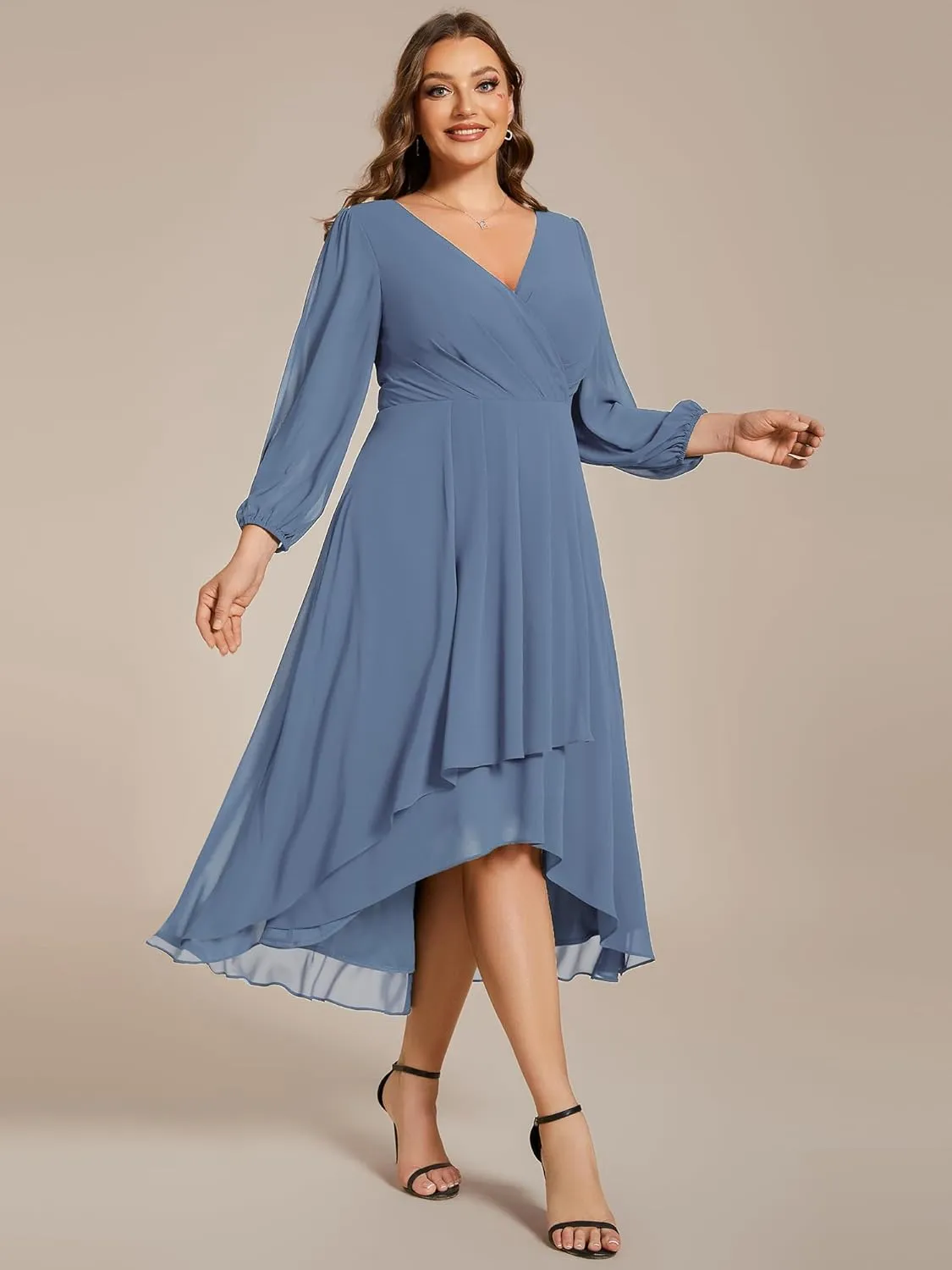 Ever-Pretty Women's A Line Pleated V Neck Chiffon 3/4 Sleeves Midi Plus Size Wedding Guest Dresses 01926-DA
