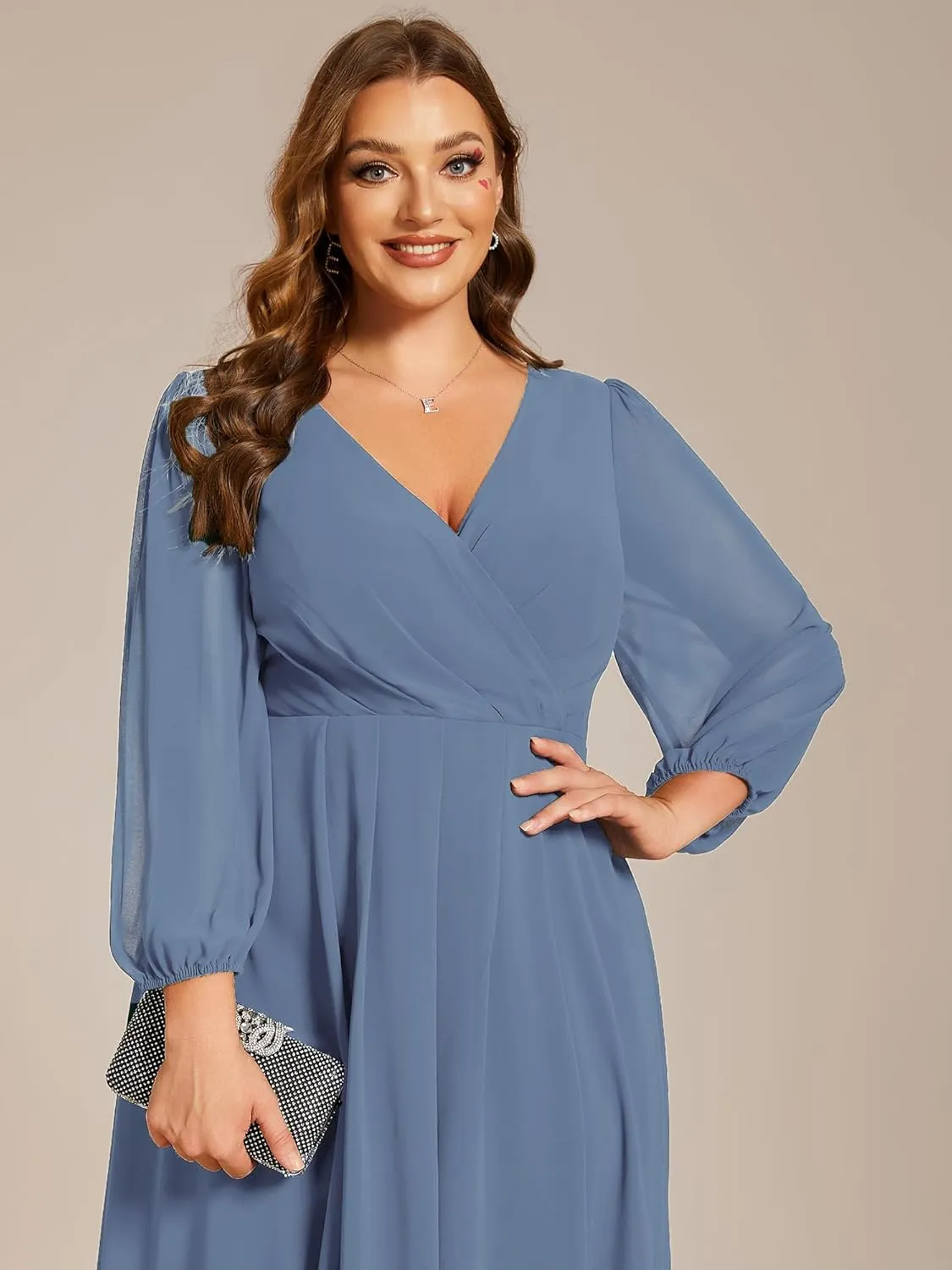 Ever-Pretty Women's A Line Pleated V Neck Chiffon 3/4 Sleeves Midi Plus Size Wedding Guest Dresses 01926-DA