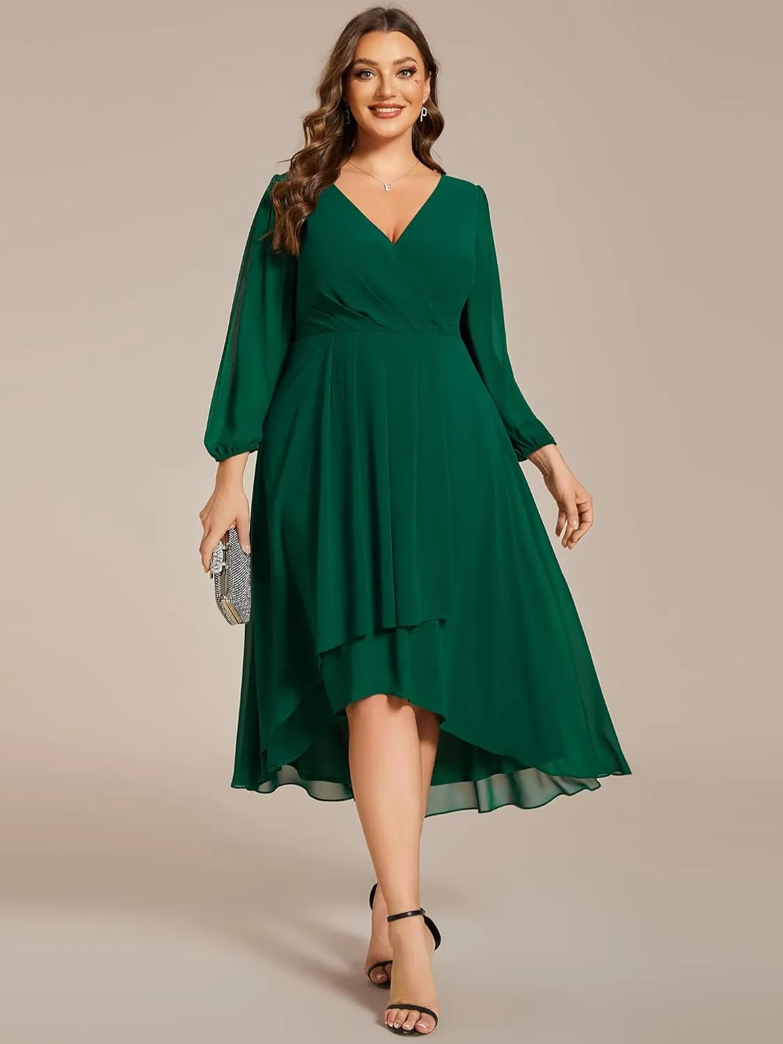 Ever-Pretty Women's A Line Pleated V Neck Chiffon 3/4 Sleeves Midi Plus Size Wedding Guest Dresses 01926-DA