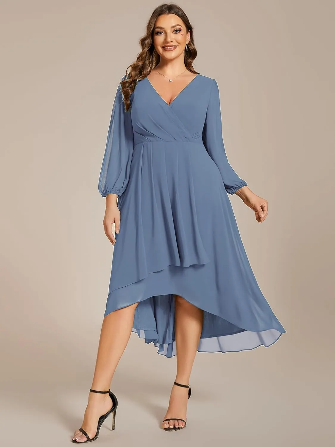 Ever-Pretty Women's A Line Pleated V Neck Chiffon 3/4 Sleeves Midi Plus Size Wedding Guest Dresses 01926-DA