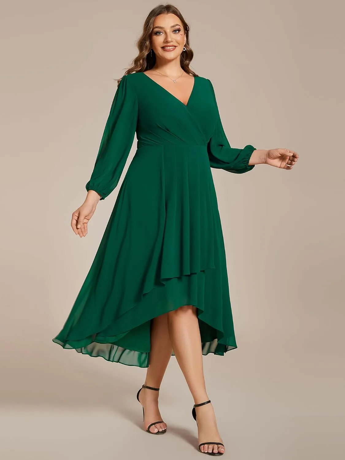 Ever-Pretty Women's A Line Pleated V Neck Chiffon 3/4 Sleeves Midi Plus Size Wedding Guest Dresses 01926-DA