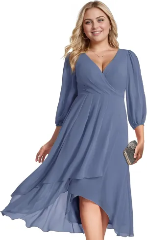 Ever-Pretty Women's A Line Pleated V Neck Chiffon 3/4 Sleeves Midi Plus Size Wedding Guest Dresses 01926-DA