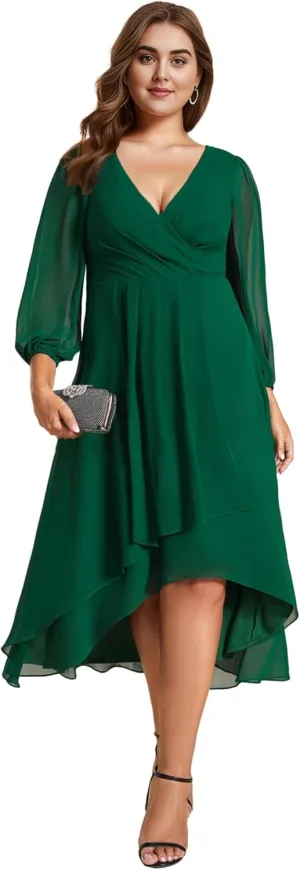 Ever-Pretty Women's A Line Pleated V Neck Chiffon 3/4 Sleeves Midi Plus Size Wedding Guest Dresses 01926-DA