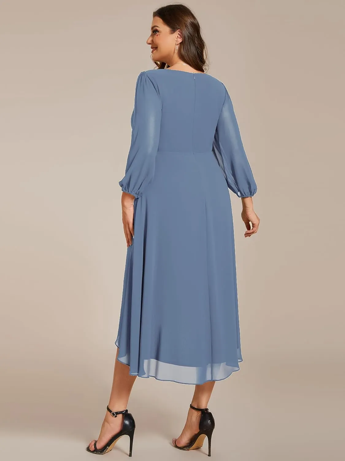 Ever-Pretty Women's A Line Pleated V Neck Chiffon 3/4 Sleeves Midi Plus Size Wedding Guest Dresses 01926-DA