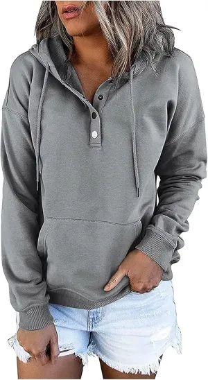 Fall Oversized Women's Sweatshirts Lightweight Solid Y2k Hoodies Casual Button Long Sleeve Drawstring Pullover Tops