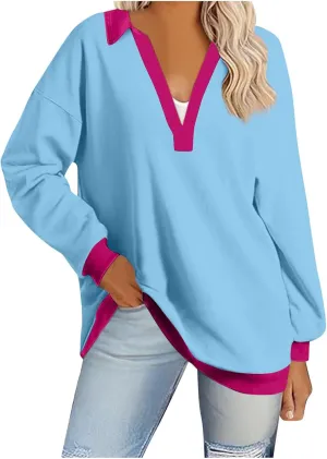 Fall Sweatshirts For Women Casual Long Sleeve Collared v Neck Sweatshirt Shirts Loose Pullover Tops Trendy 2024