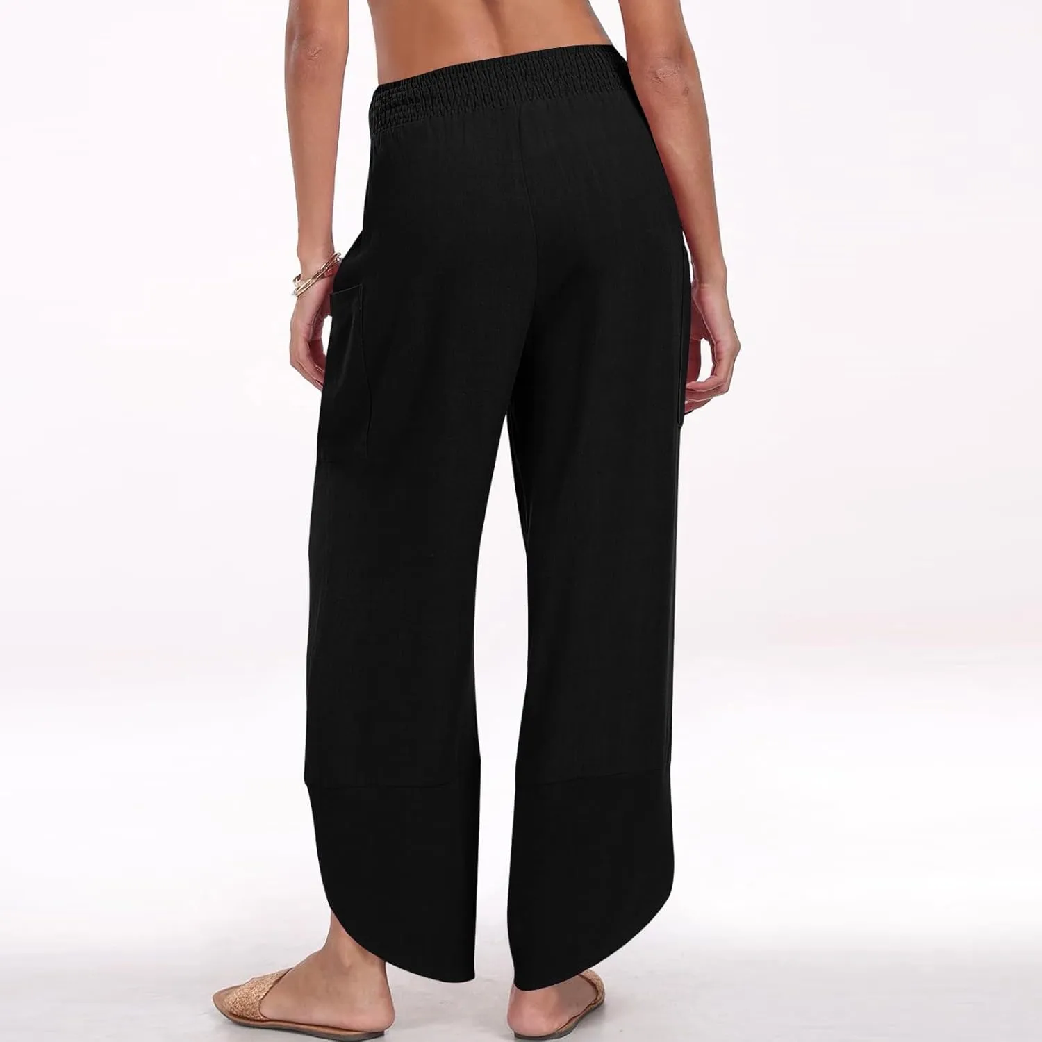 fanmpghleoo Harem Pants Women Cropped Wide Leg Linen Pants Summer Smocked Elastic Waist Yoga Pull On Capris with Pockets