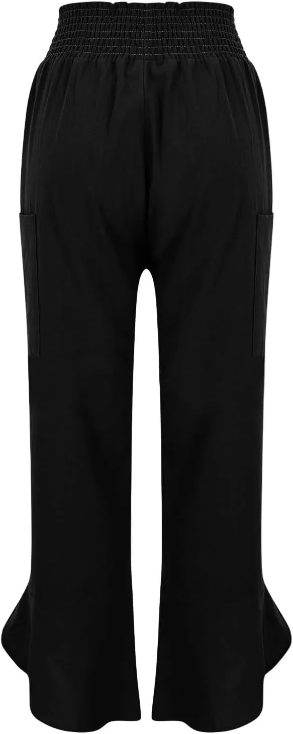 fanmpghleoo Harem Pants Women Cropped Wide Leg Linen Pants Summer Smocked Elastic Waist Yoga Pull On Capris with Pockets