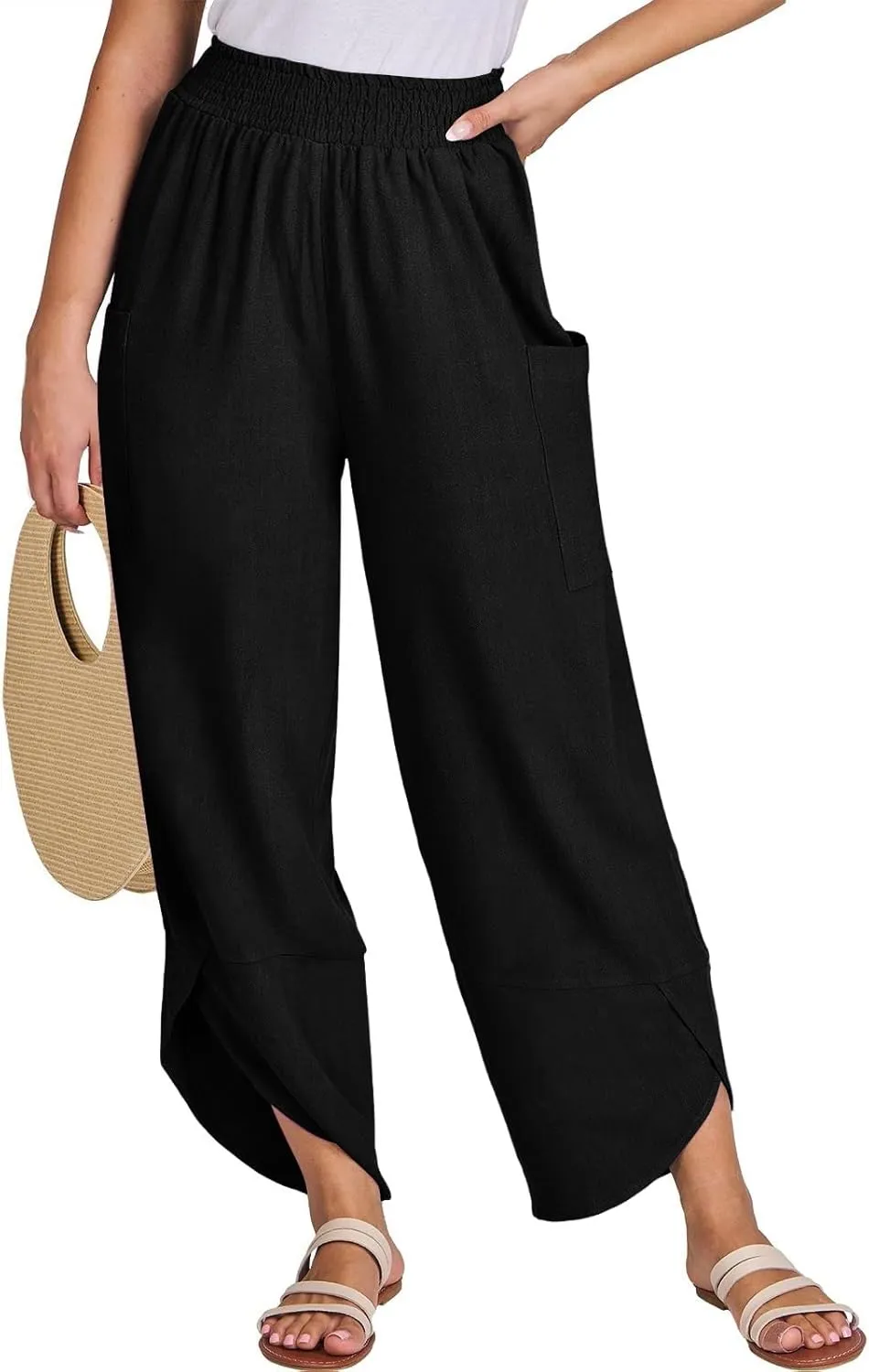 fanmpghleoo Harem Pants Women Cropped Wide Leg Linen Pants Summer Smocked Elastic Waist Yoga Pull On Capris with Pockets