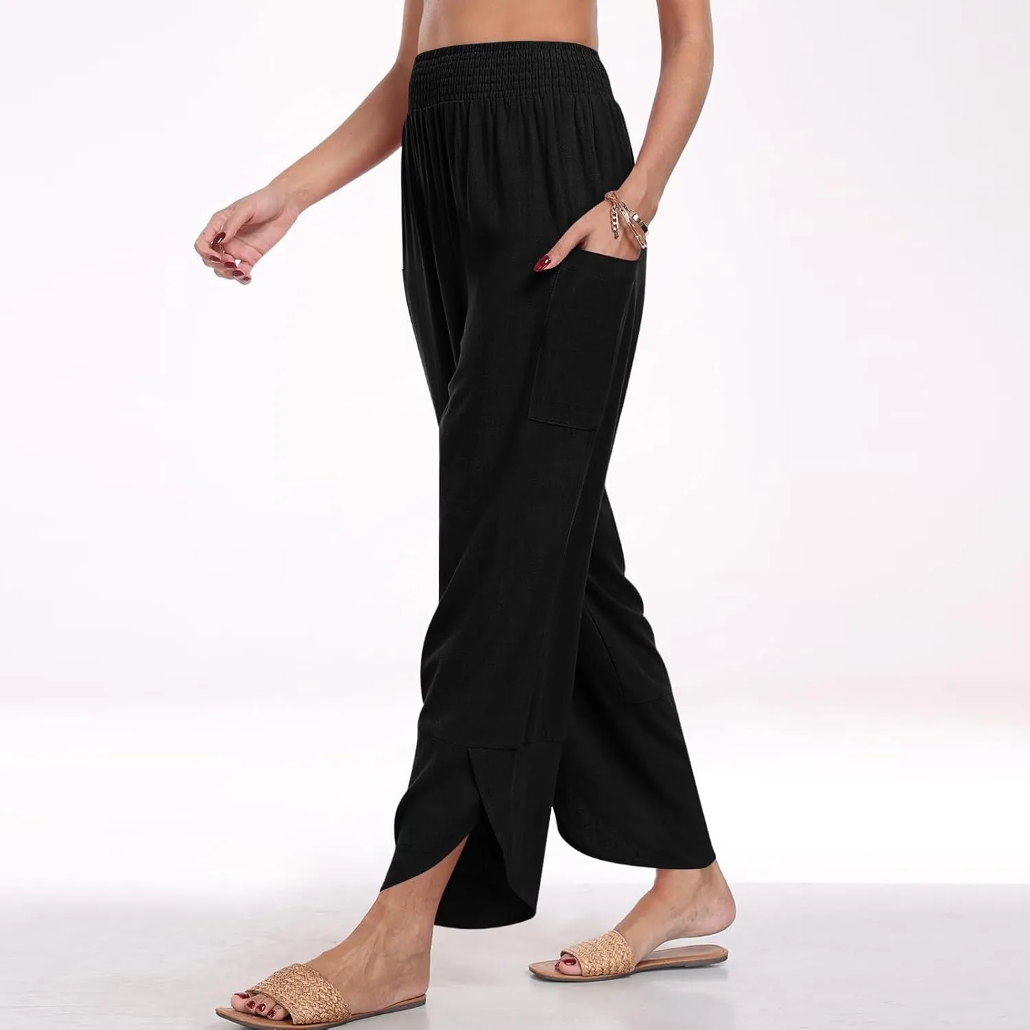 fanmpghleoo Harem Pants Women Cropped Wide Leg Linen Pants Summer Smocked Elastic Waist Yoga Pull On Capris with Pockets