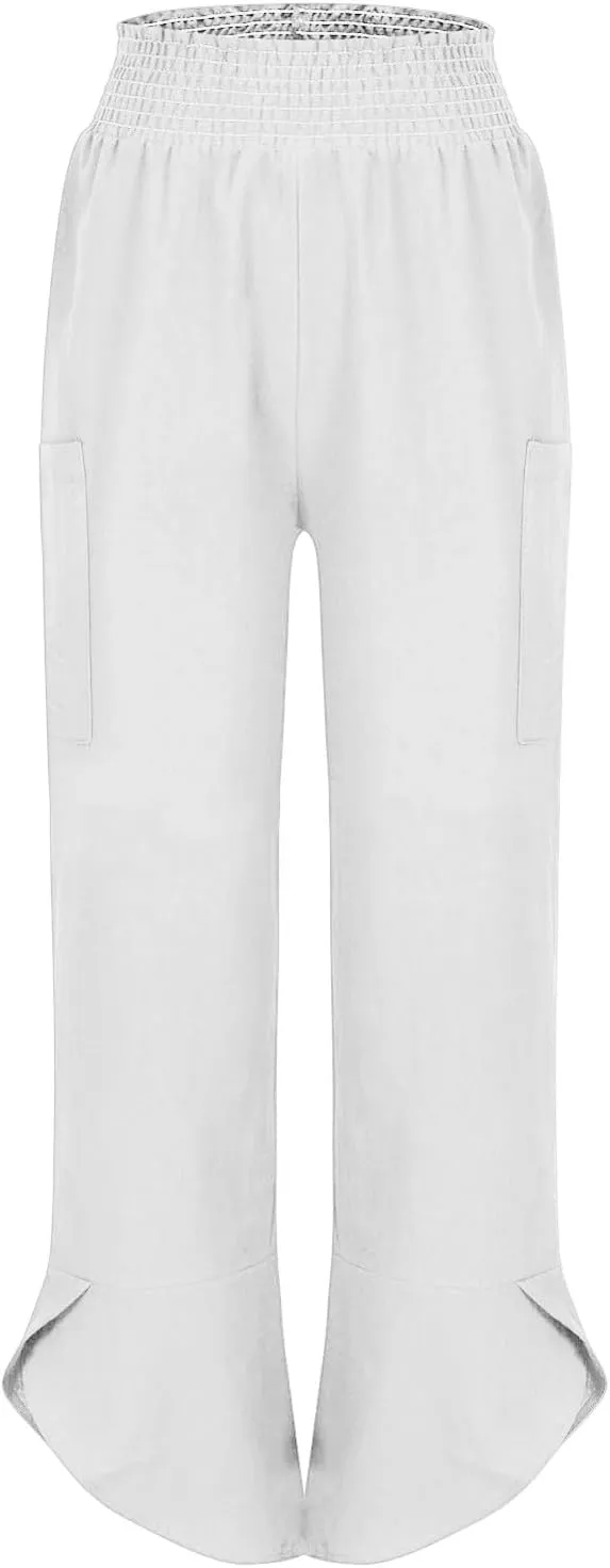 fanmpghleoo Harem Pants Women Cropped Wide Leg Linen Pants Summer Smocked Elastic Waist Yoga Pull On Capris with Pockets