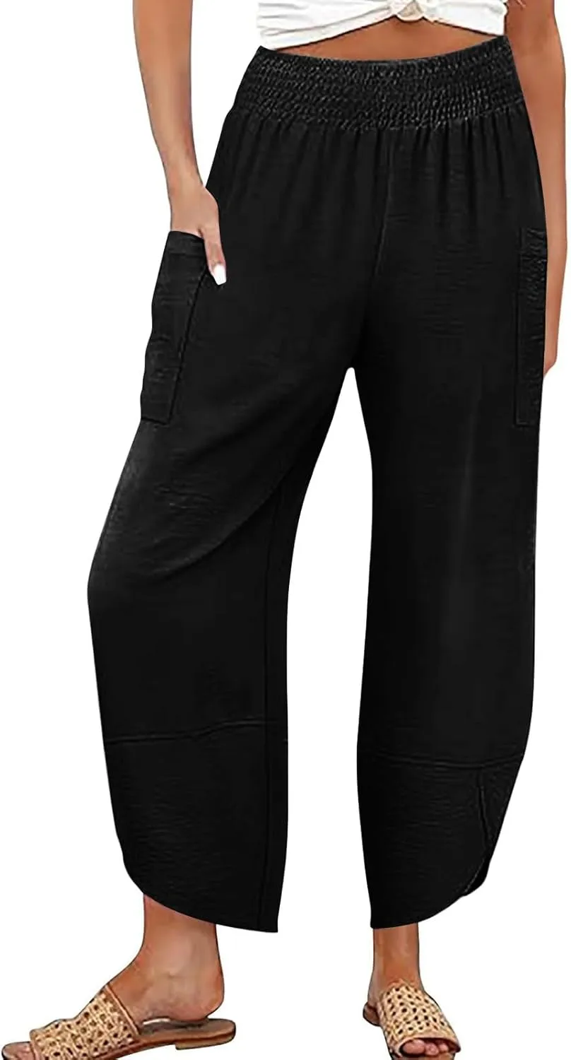 fanmpghleoo Harem Pants Women Cropped Wide Leg Linen Pants Summer Smocked Elastic Waist Yoga Pull On Capris with Pockets
