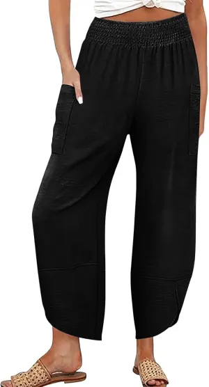 fanmpghleoo Harem Pants Women Cropped Wide Leg Linen Pants Summer Smocked Elastic Waist Yoga Pull On Capris with Pockets