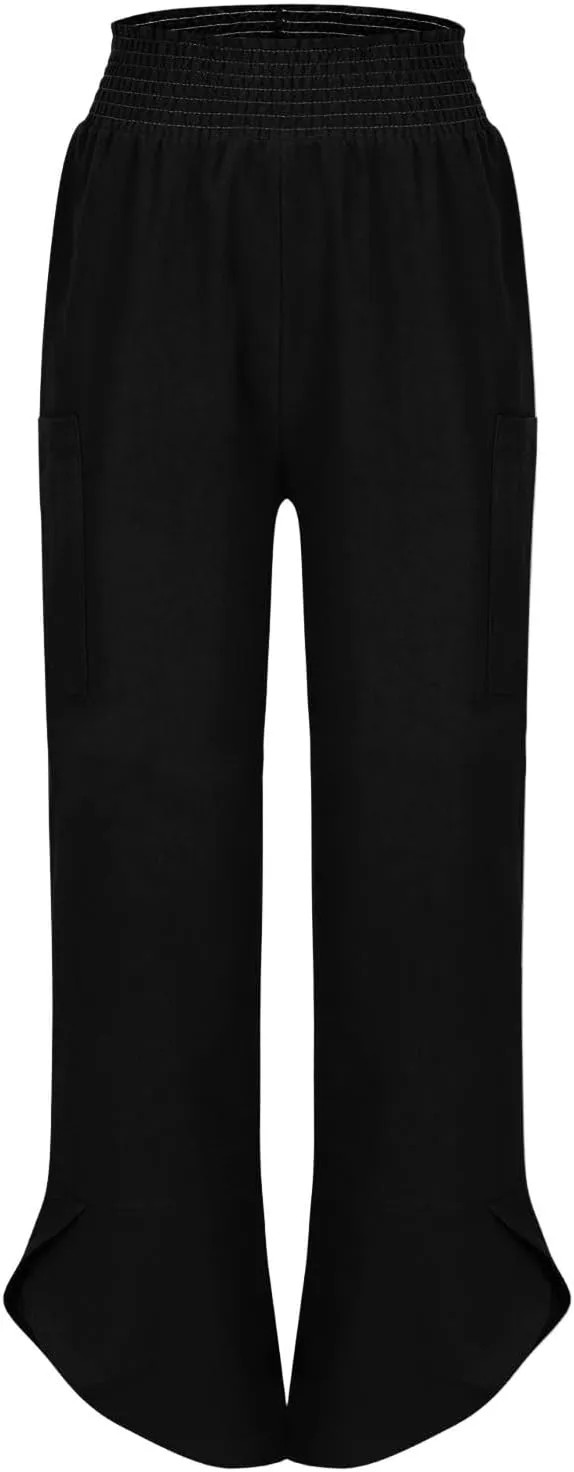 fanmpghleoo Harem Pants Women Cropped Wide Leg Linen Pants Summer Smocked Elastic Waist Yoga Pull On Capris with Pockets