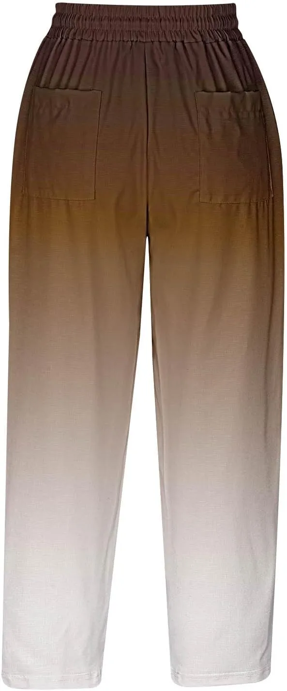 fartey Womens Summer Pants Casual Drawstring Elastic High Waist Capri Pants Floral Print Wide Leg Cropped Pants Trousers