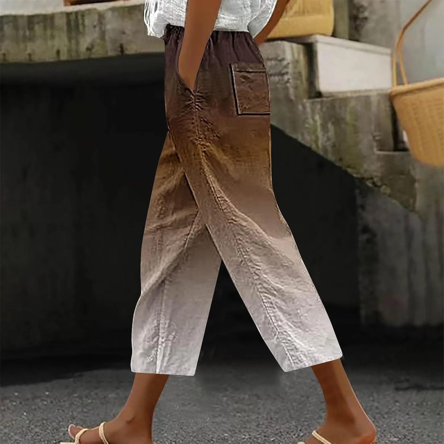 fartey Womens Summer Pants Casual Drawstring Elastic High Waist Capri Pants Floral Print Wide Leg Cropped Pants Trousers
